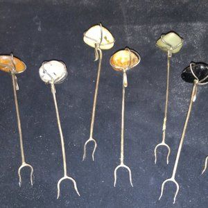 Vintage Hourderve Forks,7, likely Sterling Silver & Semi Precious Stones
